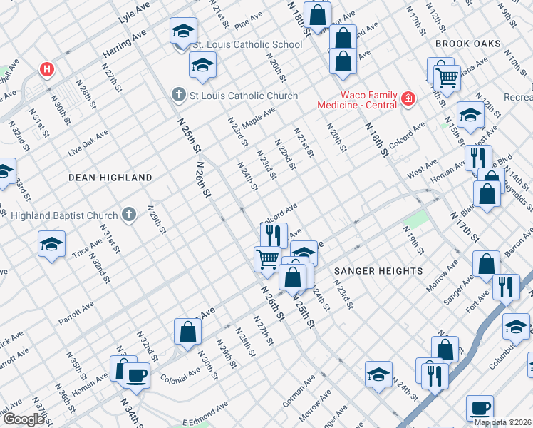 map of restaurants, bars, coffee shops, grocery stores, and more near 2325 Colcord Avenue in Waco
