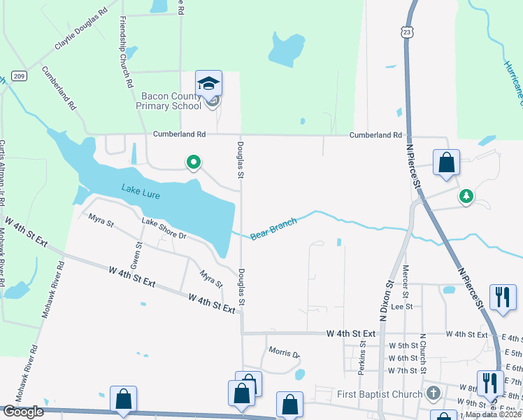 map of restaurants, bars, coffee shops, grocery stores, and more near 703 Douglas Street in Alma