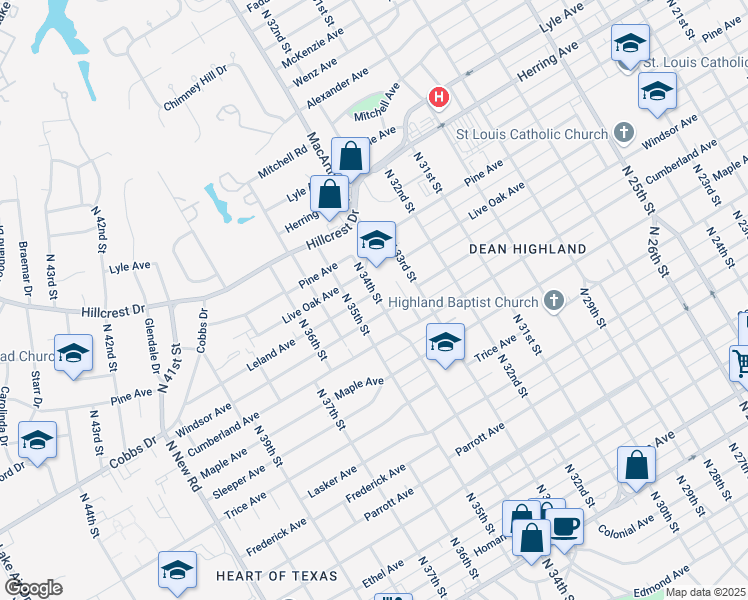 map of restaurants, bars, coffee shops, grocery stores, and more near 3400 Leland Ave in Waco