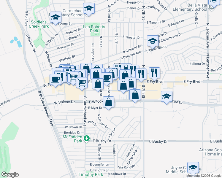 map of restaurants, bars, coffee shops, grocery stores, and more near 4 S 2nd St in Sierra Vista