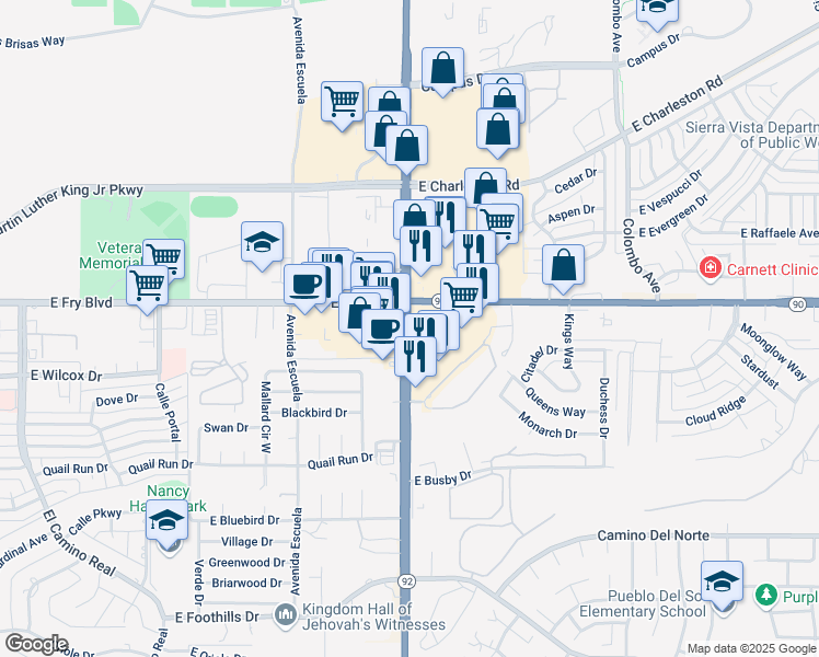 map of restaurants, bars, coffee shops, grocery stores, and more near 65 Arizona 92 in Sierra Vista