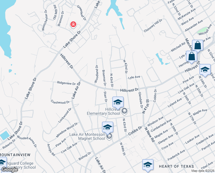 map of restaurants, bars, coffee shops, grocery stores, and more near 2712 Braemar Drive in Waco
