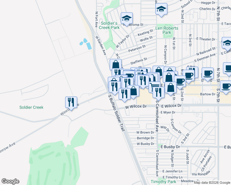 map of restaurants, bars, coffee shops, grocery stores, and more near 548 West Fry Boulevard in Sierra Vista