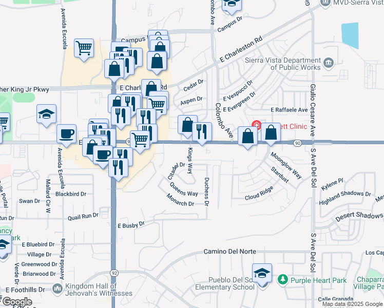map of restaurants, bars, coffee shops, grocery stores, and more near 55 Kings Way in Sierra Vista