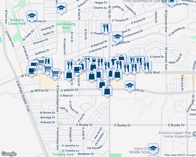 map of restaurants, bars, coffee shops, grocery stores, and more near 55 5th Street in Sierra Vista