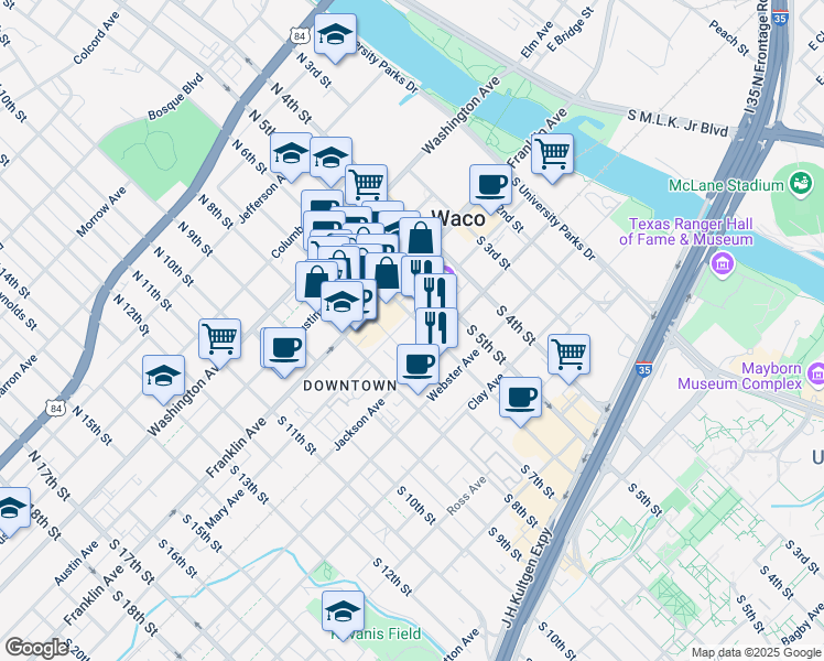 map of restaurants, bars, coffee shops, grocery stores, and more near 301 South 6th Street in Waco