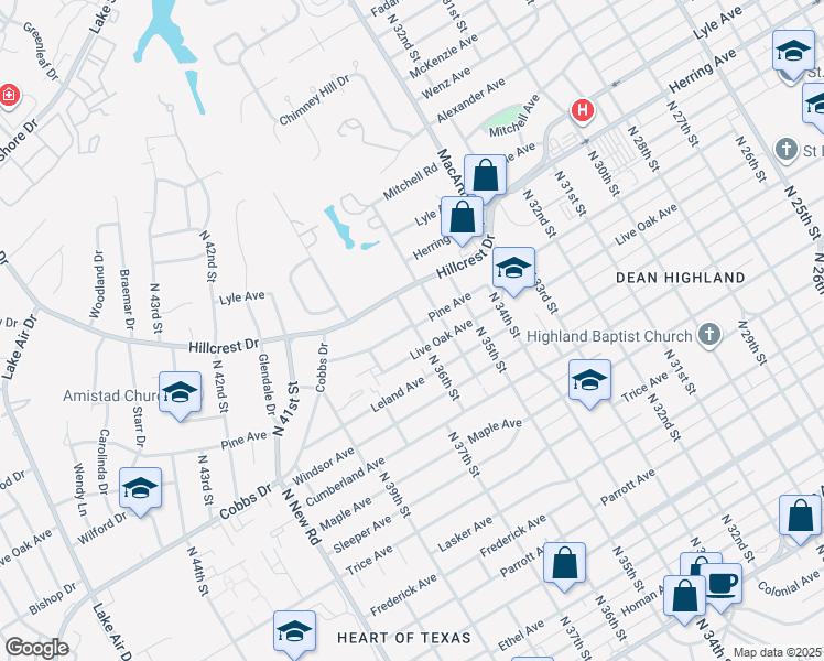 map of restaurants, bars, coffee shops, grocery stores, and more near 3600 Pine Avenue in Waco