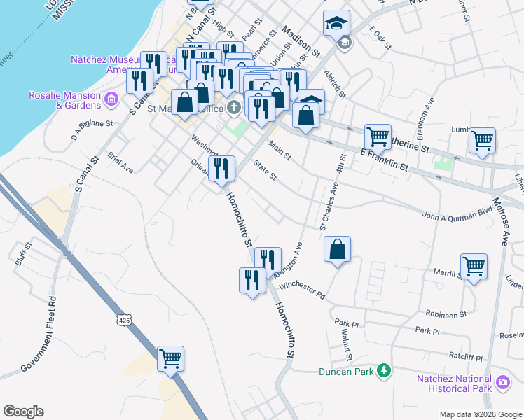 map of restaurants, bars, coffee shops, grocery stores, and more near 302 Lambert Street in Natchez