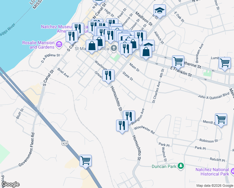 map of restaurants, bars, coffee shops, grocery stores, and more near 25 Homochitto Street in Natchez