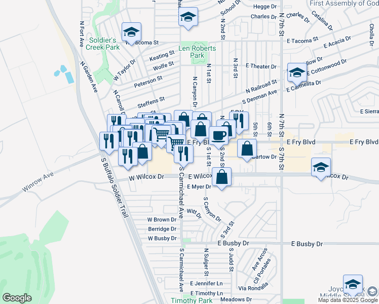 map of restaurants, bars, coffee shops, grocery stores, and more near 50 East Fry Boulevard in Sierra Vista