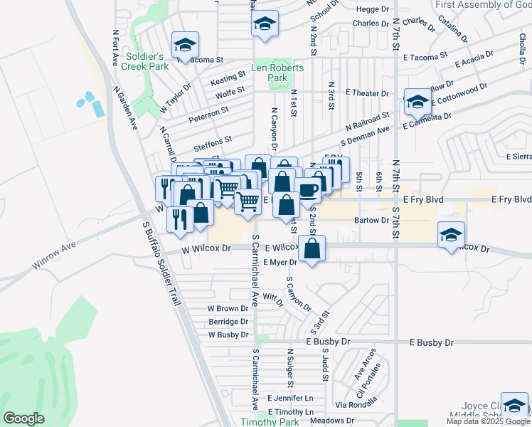 map of restaurants, bars, coffee shops, grocery stores, and more near 50 East Fry Boulevard in Sierra Vista