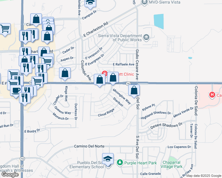 map of restaurants, bars, coffee shops, grocery stores, and more near 354 Rainbow Way in Sierra Vista