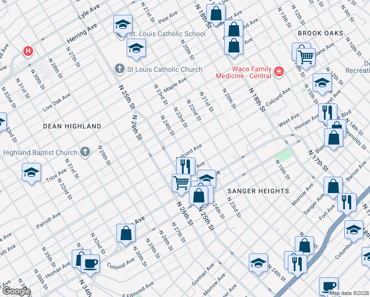 map of restaurants, bars, coffee shops, grocery stores, and more near 2325 Colcord Ave in Waco