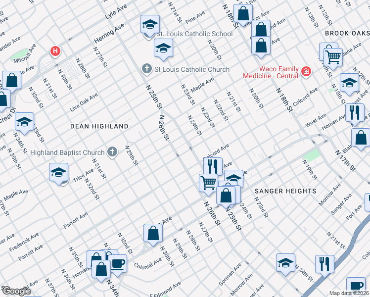 map of restaurants, bars, coffee shops, grocery stores, and more near 2517 Parrott Avenue in Waco