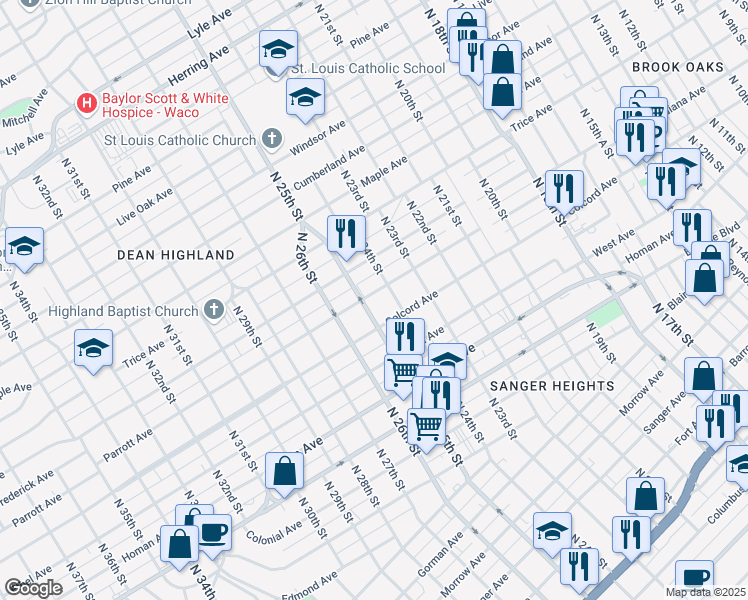 map of restaurants, bars, coffee shops, grocery stores, and more near 2422 Parrott Avenue in Waco