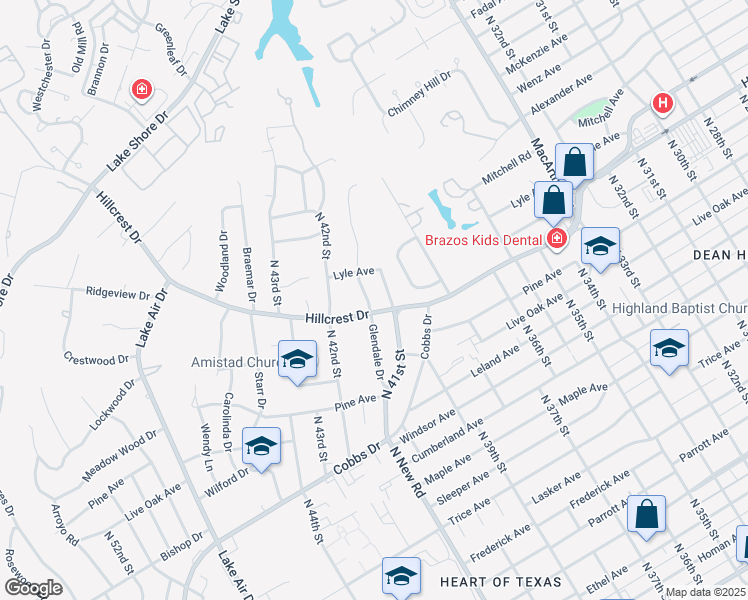 map of restaurants, bars, coffee shops, grocery stores, and more near 2507 Glendale Drive in Waco