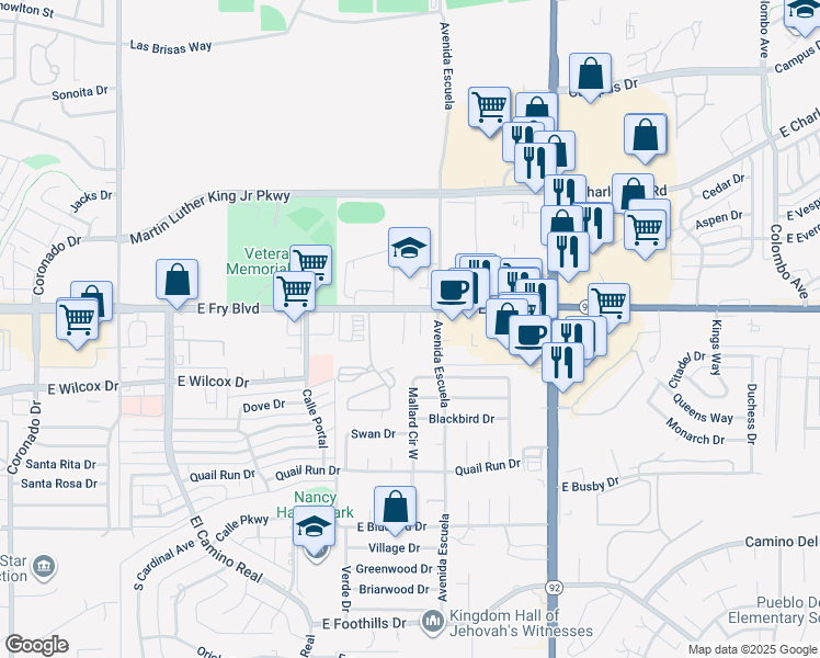 map of restaurants, bars, coffee shops, grocery stores, and more near 3460 East Fry Boulevard in Sierra Vista
