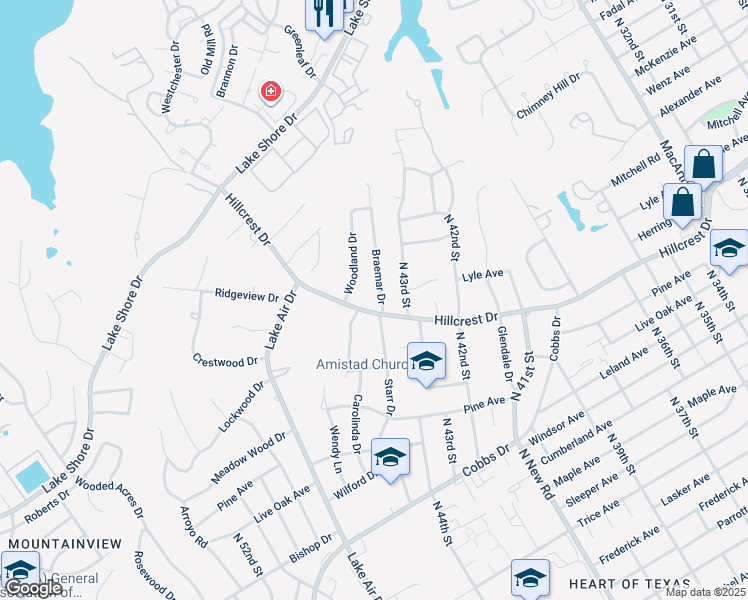 map of restaurants, bars, coffee shops, grocery stores, and more near 2712 Braemar Drive in Waco