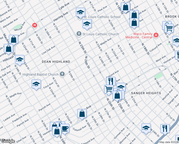 map of restaurants, bars, coffee shops, grocery stores, and more near 2604 Lasker Avenue in Waco