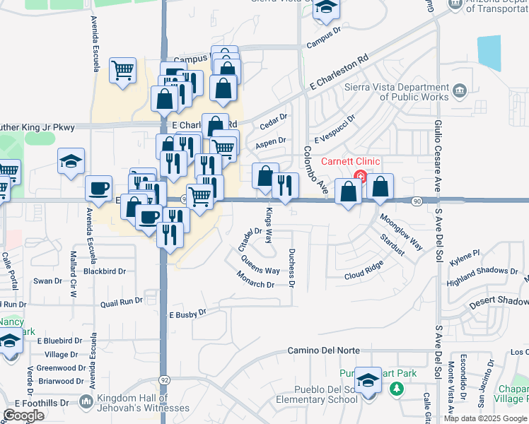 map of restaurants, bars, coffee shops, grocery stores, and more near 55 Kings Way in Sierra Vista
