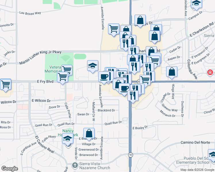 map of restaurants, bars, coffee shops, grocery stores, and more near 3640 East Fry Boulevard in Sierra Vista