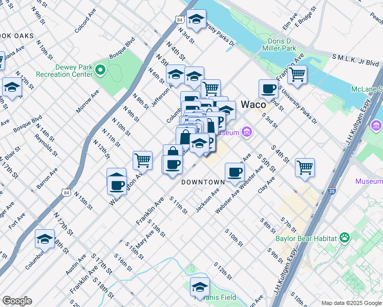 map of restaurants, bars, coffee shops, grocery stores, and more near 800 Austin Avenue in Waco