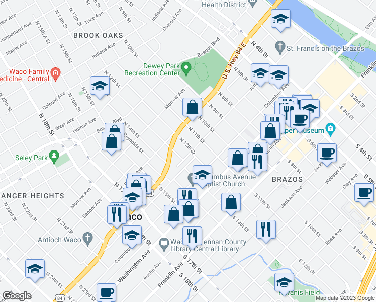 map of restaurants, bars, coffee shops, grocery stores, and more near 1201 Jefferson Avenue in Waco