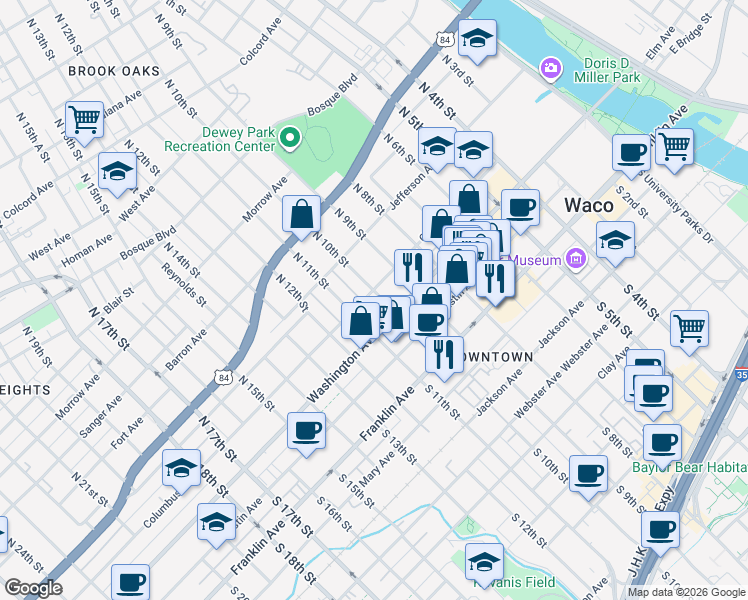 map of restaurants, bars, coffee shops, grocery stores, and more near 1000 Columbus Avenue in Waco