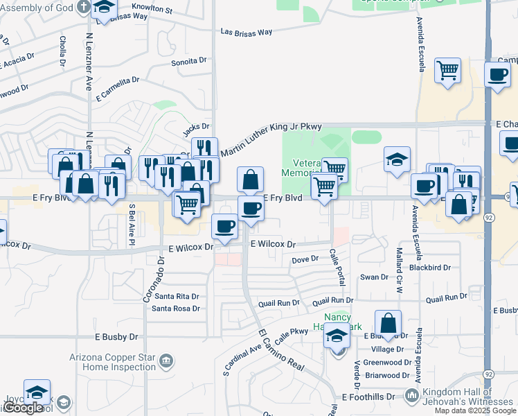 map of restaurants, bars, coffee shops, grocery stores, and more near 2800 East Fry Boulevard in Sierra Vista