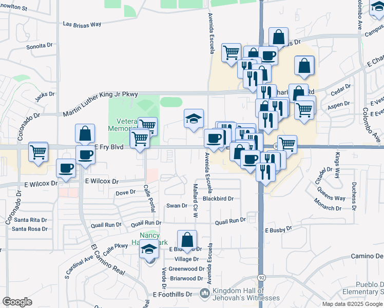 map of restaurants, bars, coffee shops, grocery stores, and more near 3460 East Fry Boulevard in Sierra Vista