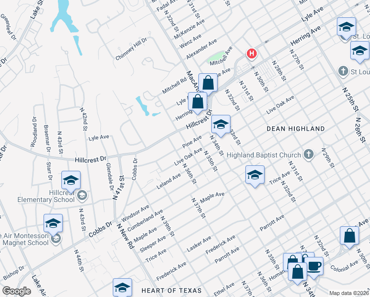 map of restaurants, bars, coffee shops, grocery stores, and more near 3530 Pine Avenue in Waco