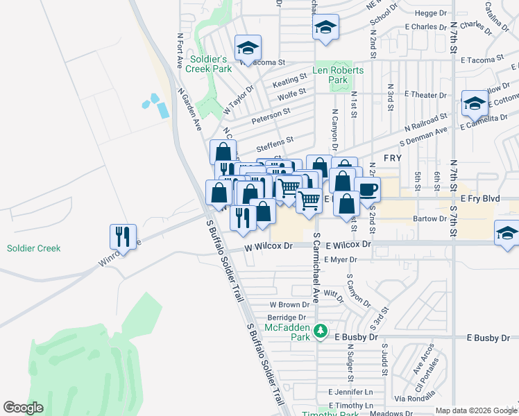 map of restaurants, bars, coffee shops, grocery stores, and more near 400 West Fry Boulevard in Sierra Vista