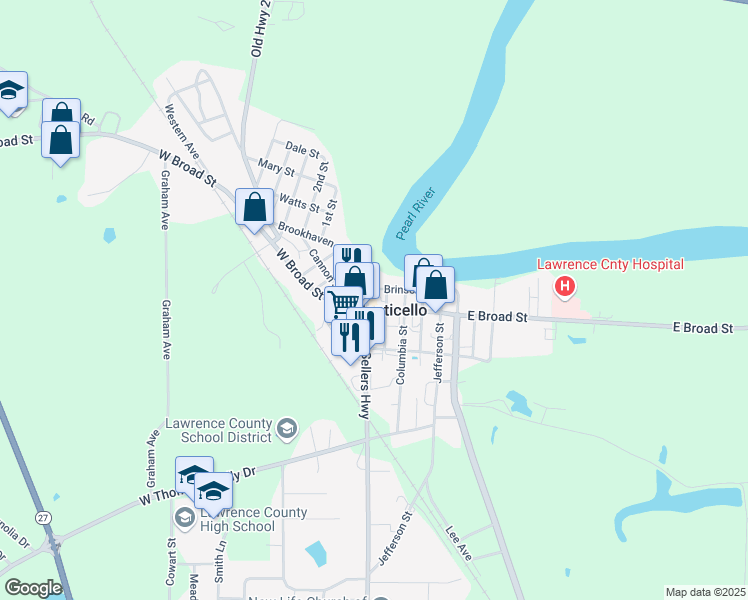 map of restaurants, bars, coffee shops, grocery stores, and more near 125 East Broad Street in Monticello
