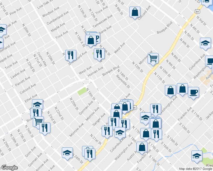 map of restaurants, bars, coffee shops, grocery stores, and more near 833 North 16th Street in Waco