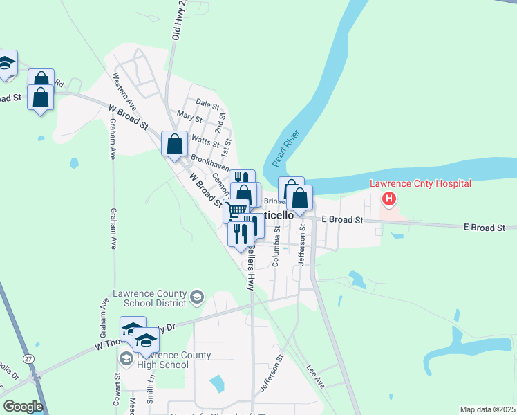 map of restaurants, bars, coffee shops, grocery stores, and more near 125 East Broad Street in Monticello