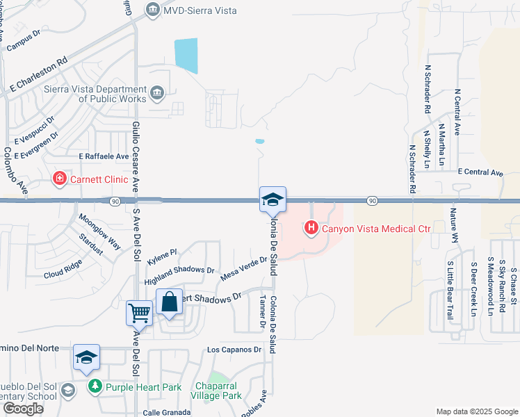 map of restaurants, bars, coffee shops, grocery stores, and more near 100 Colonia De Salud in Sierra Vista