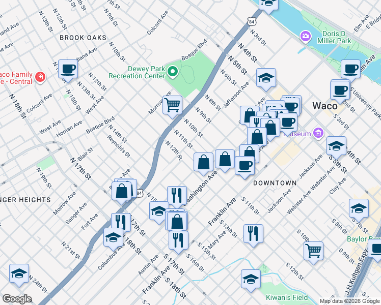 map of restaurants, bars, coffee shops, grocery stores, and more near 300-498 N 11th St in Waco