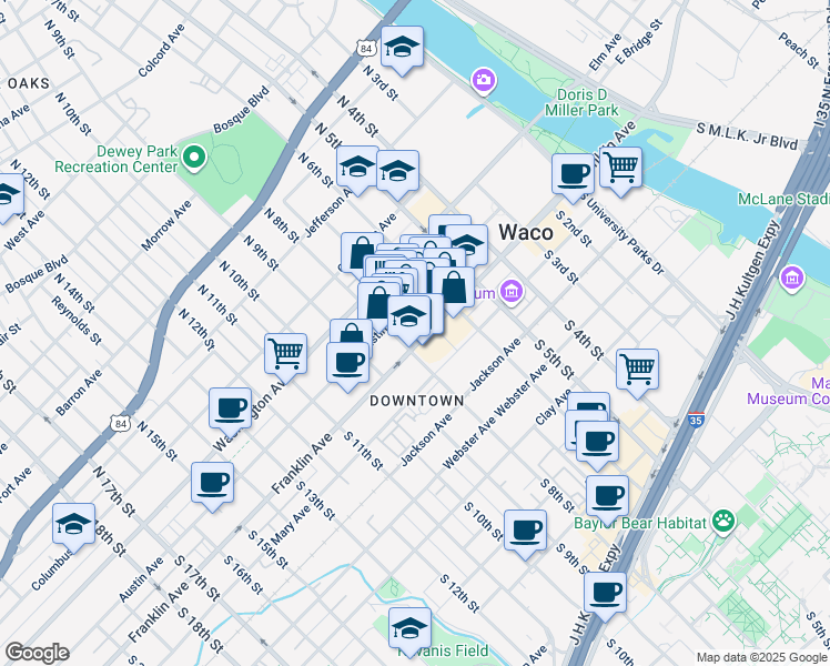 map of restaurants, bars, coffee shops, grocery stores, and more near 800 Austin Avenue in Waco