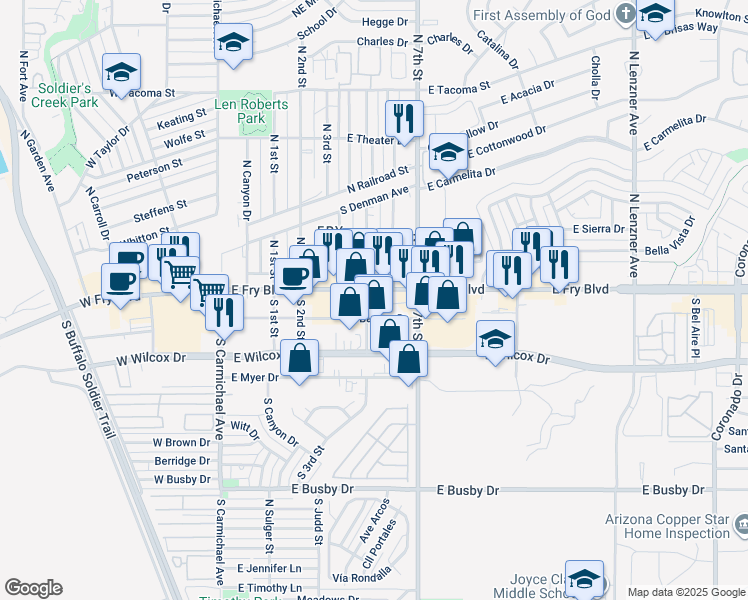 map of restaurants, bars, coffee shops, grocery stores, and more near 55 5th Street in Sierra Vista