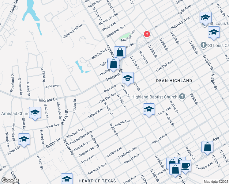 map of restaurants, bars, coffee shops, grocery stores, and more near 3505 Live Oak Avenue in Waco