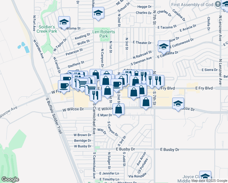 map of restaurants, bars, coffee shops, grocery stores, and more near 4 S 2nd St in Sierra Vista
