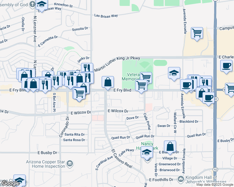 map of restaurants, bars, coffee shops, grocery stores, and more near 2800 East Fry Boulevard in Sierra Vista