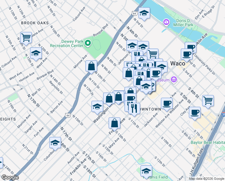 map of restaurants, bars, coffee shops, grocery stores, and more near 1000 Columbus Avenue in Waco