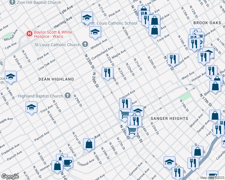 map of restaurants, bars, coffee shops, grocery stores, and more near 2422 Parrott Avenue in Waco