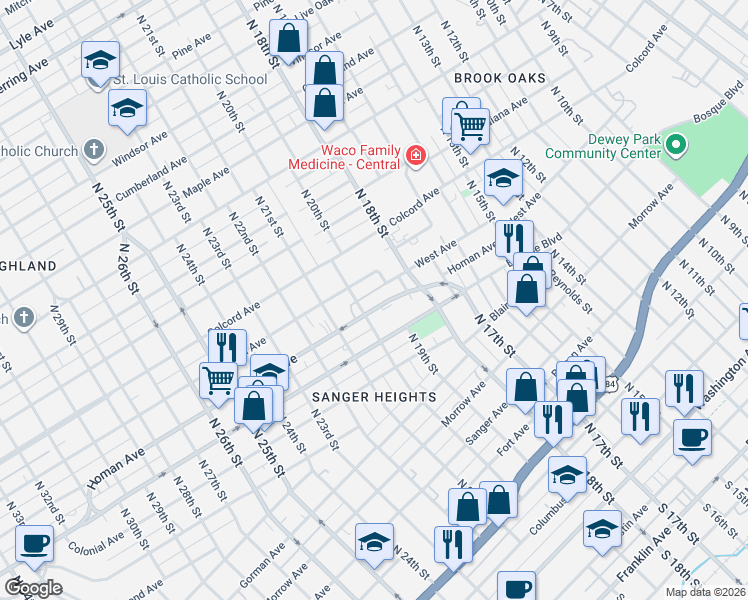 map of restaurants, bars, coffee shops, grocery stores, and more near 1921 Homan Avenue in Waco