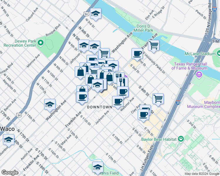 map of restaurants, bars, coffee shops, grocery stores, and more near 301 South 6th Street in Waco