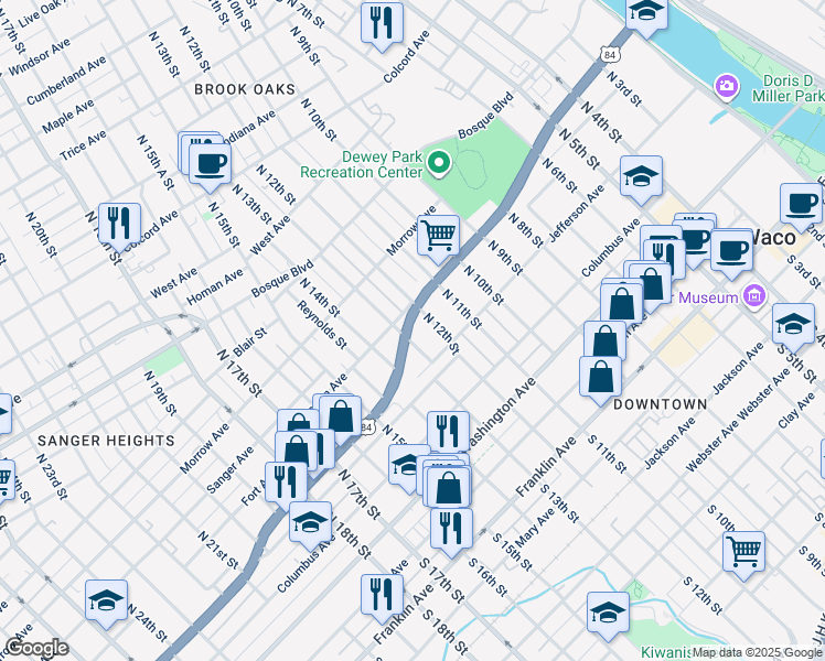 map of restaurants, bars, coffee shops, grocery stores, and more near 512-598 N 13th St in Waco