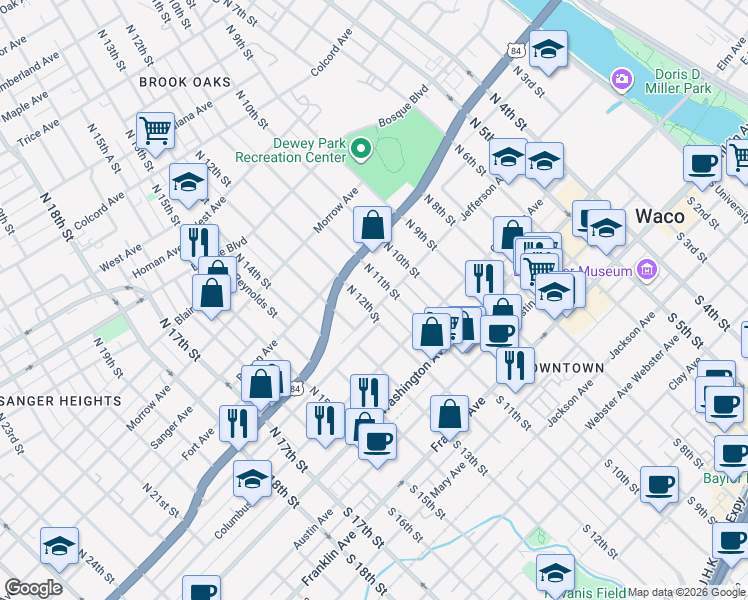 map of restaurants, bars, coffee shops, grocery stores, and more near 1201 Jefferson Avenue in Waco