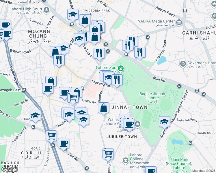 map of restaurants, bars, coffee shops, grocery stores, and more near Mason Road in Lahore