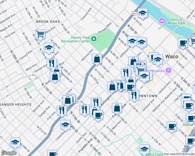 map of restaurants, bars, coffee shops, grocery stores, and more near 1201 Jefferson Avenue in Waco